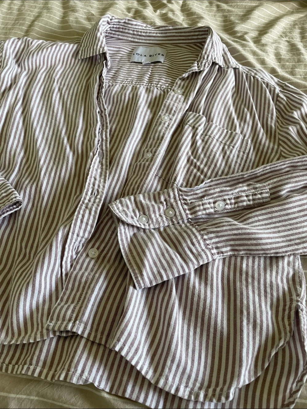 Lola River Women's Striped Button-Down Shirt in Brown and White - Picture 2 of 4